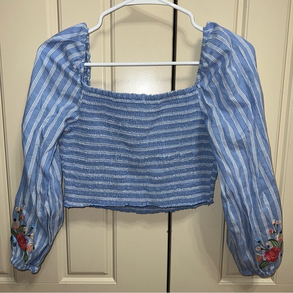 Xhilaration Striped Embroidered Smocked Square Neck Puff Sleeve Crop Top Shirt - Picture 3 of 11